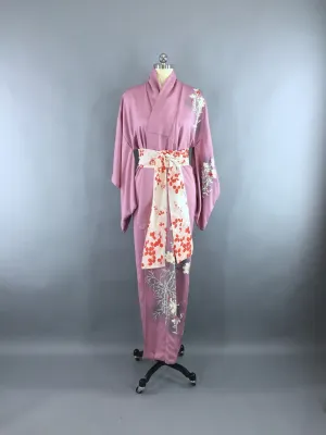 1950s Vintage Kimono Robe with Lavender and Red Floral Print