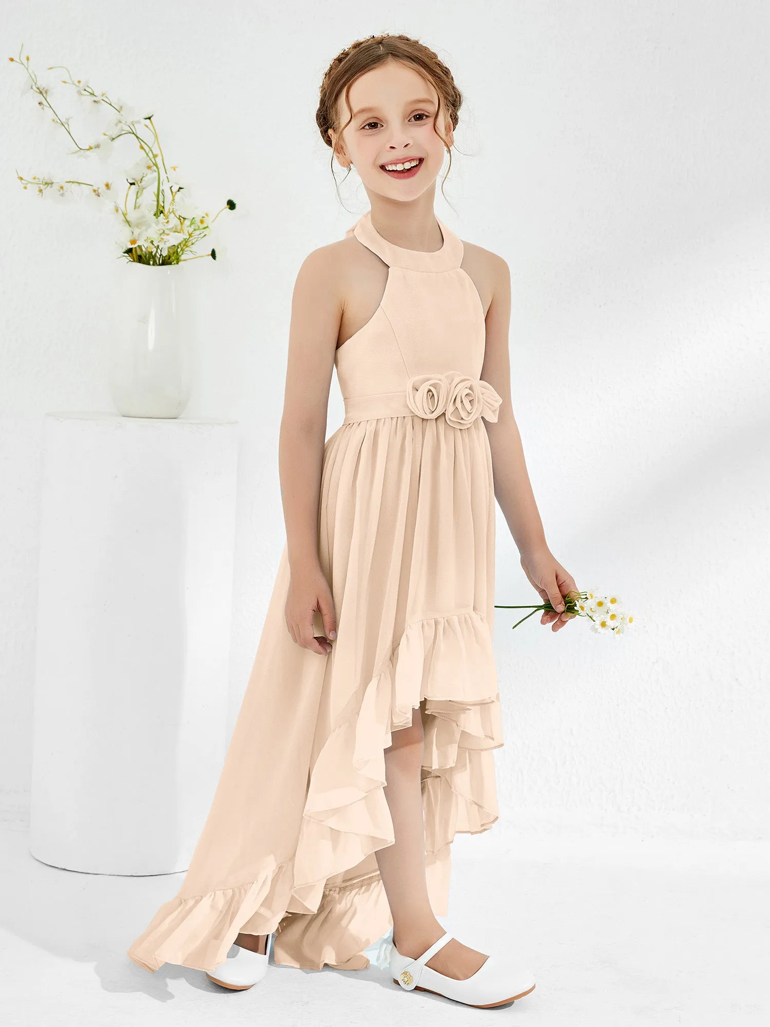 Asymmetrical A-line Junior Bridesmaid Dresses with Flower Peach