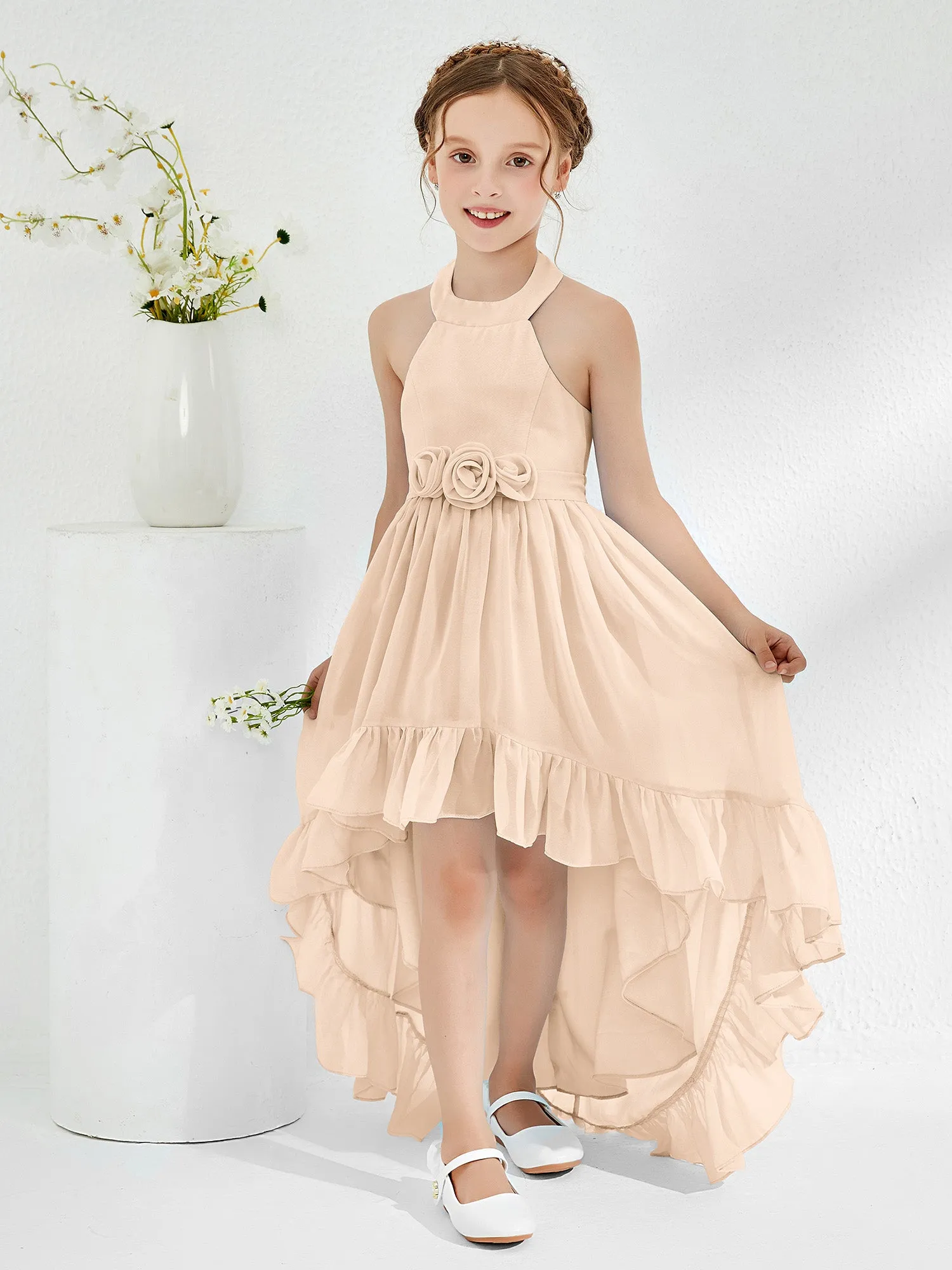 Asymmetrical A-line Junior Bridesmaid Dresses with Flower Peach