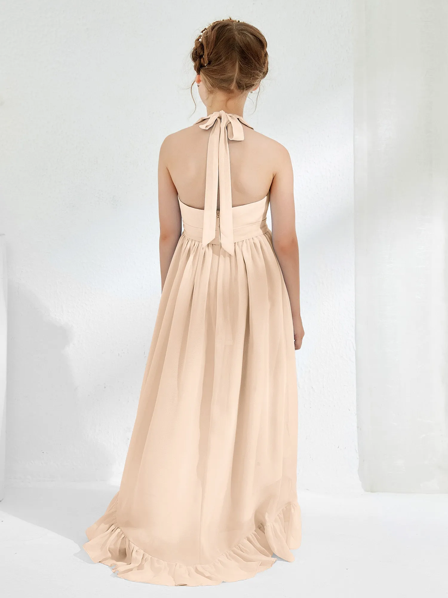 Asymmetrical A-line Junior Bridesmaid Dresses with Flower Peach
