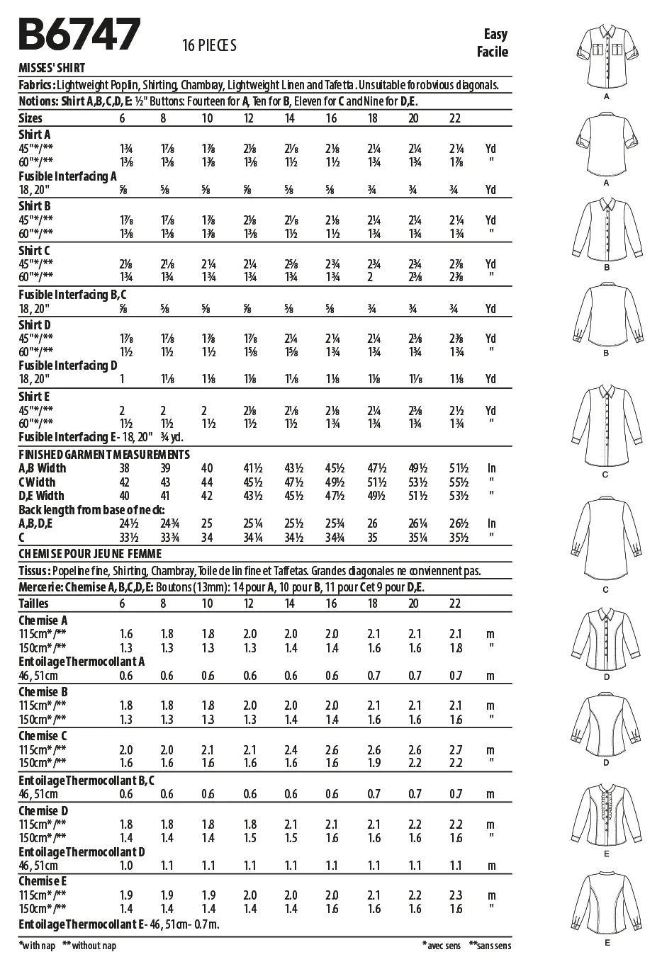 B6747 Misses' Button-Down Collared Shirts (Size: 6-8-10-12)