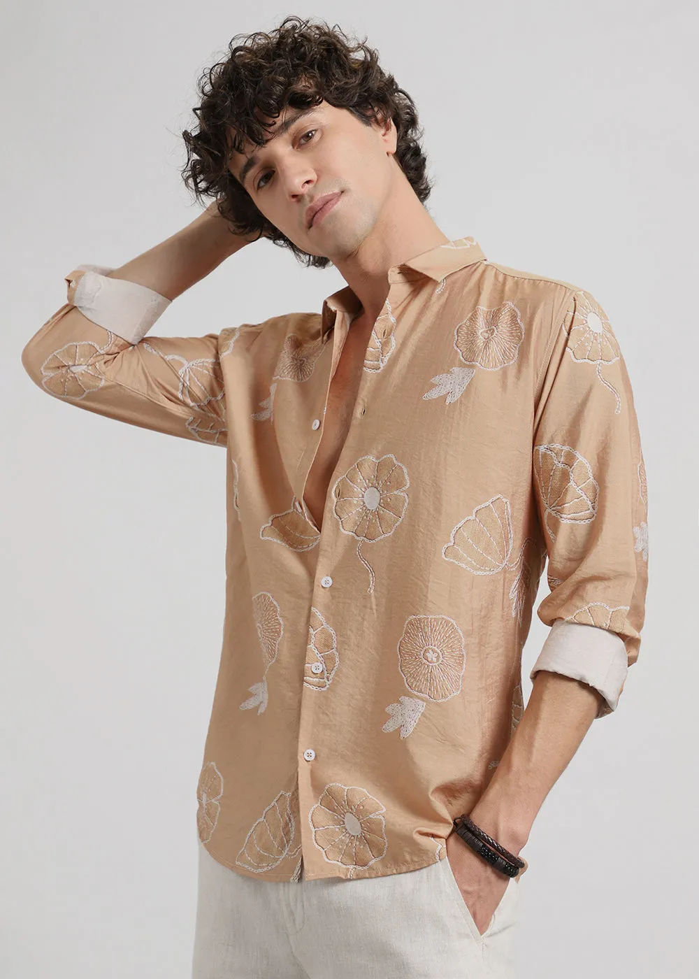 Brown Beige Floral Print Shirt