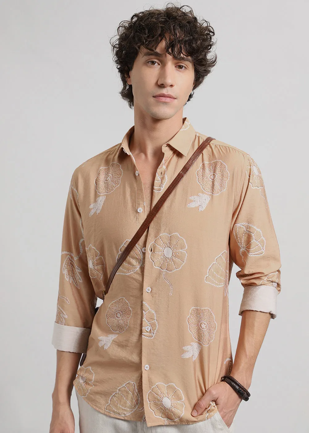 Brown Beige Floral Print Shirt