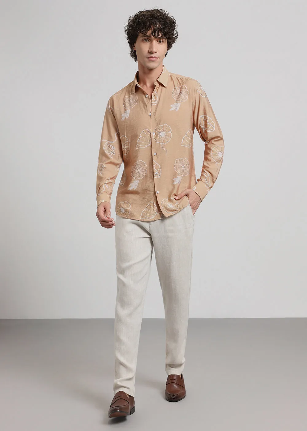Brown Beige Floral Print Shirt