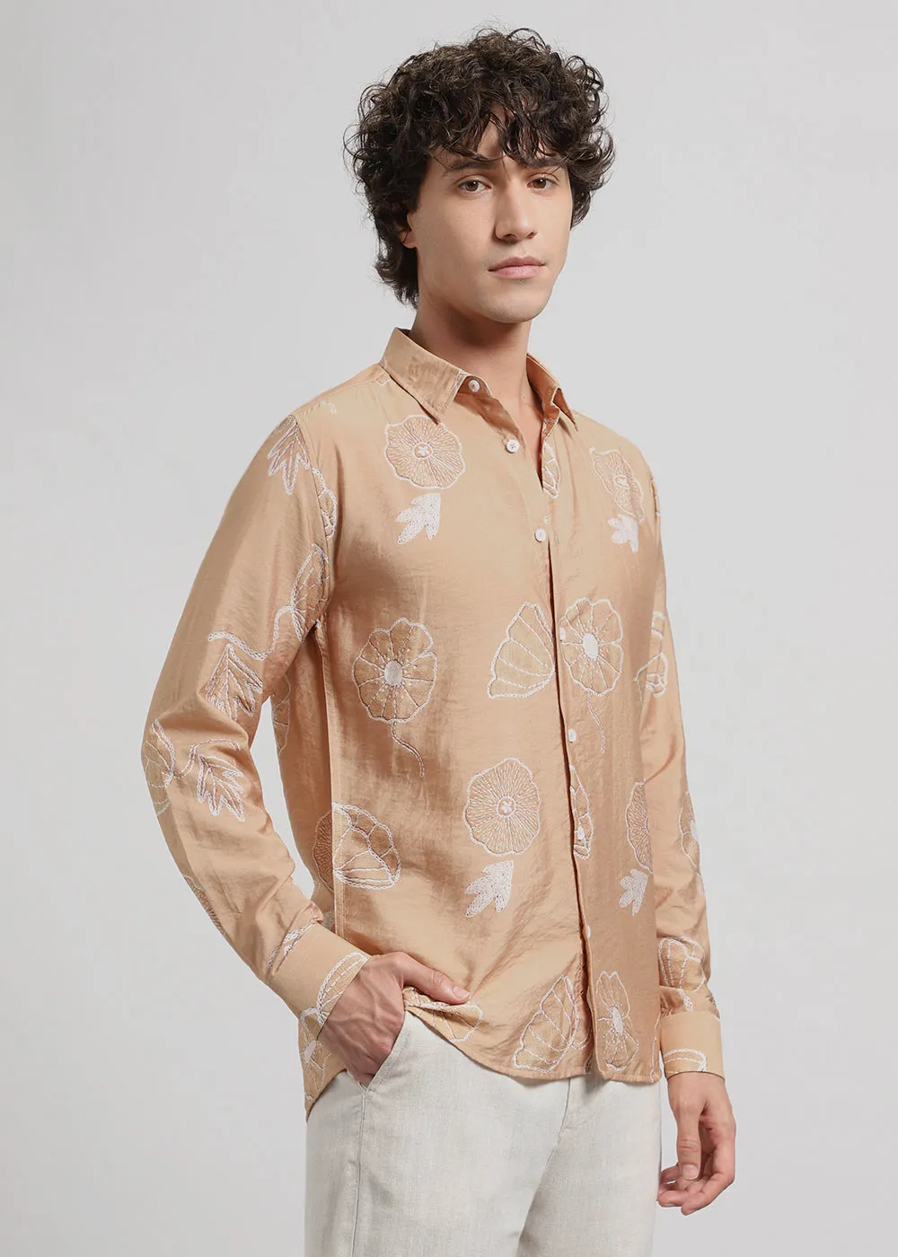 Brown Beige Floral Print Shirt