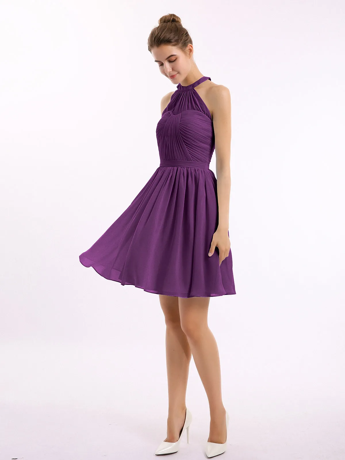 Chiffon Halter Short Bridesmaid Dresses Grape