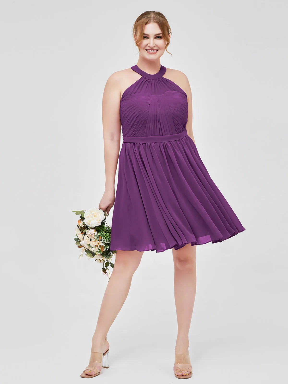 Chiffon Halter Short Bridesmaid Dresses Grape