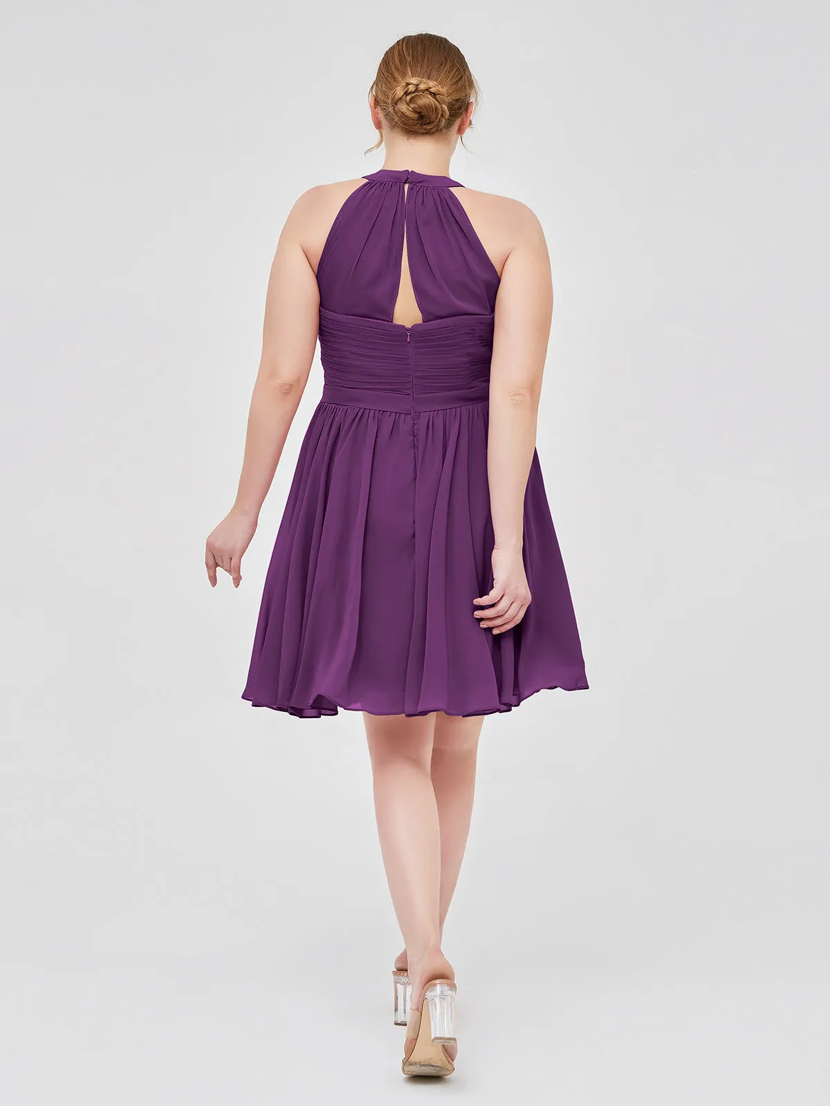 Chiffon Halter Short Bridesmaid Dresses Grape