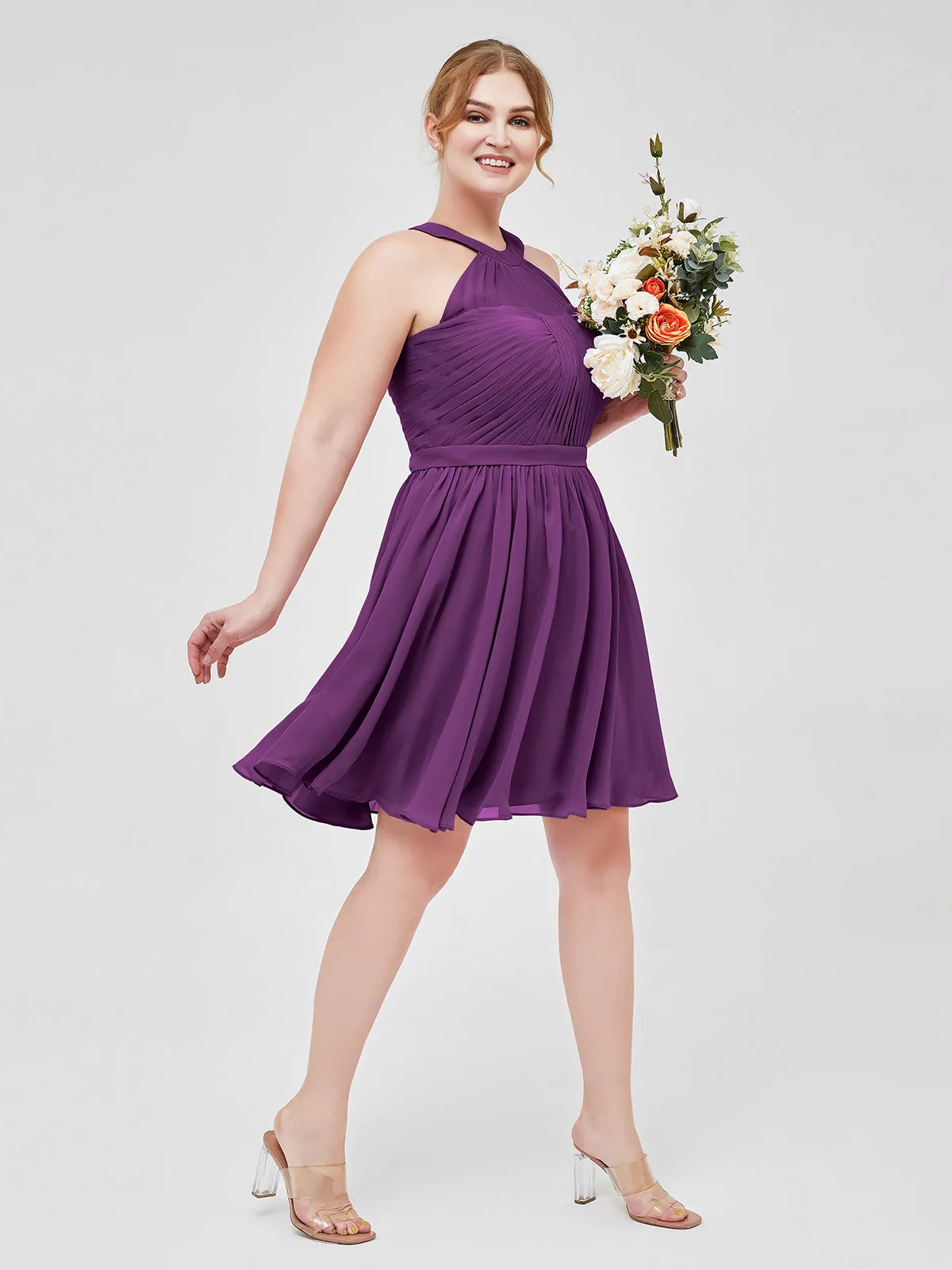 Chiffon Halter Short Bridesmaid Dresses Grape