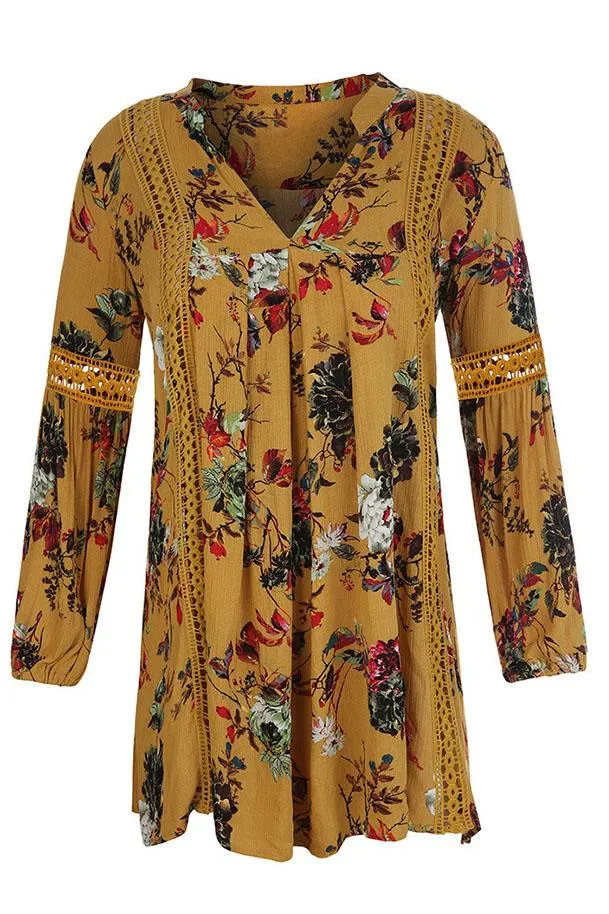 Clearance Floral Print Deep V-neck Long Trumpet Sleeves Short Dress
