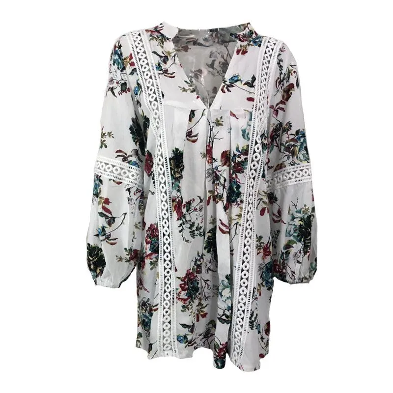 Clearance Floral Print Deep V-neck Long Trumpet Sleeves Short Dress