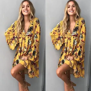 Clearance Floral Print Deep V-neck Long Trumpet Sleeves Short Dress