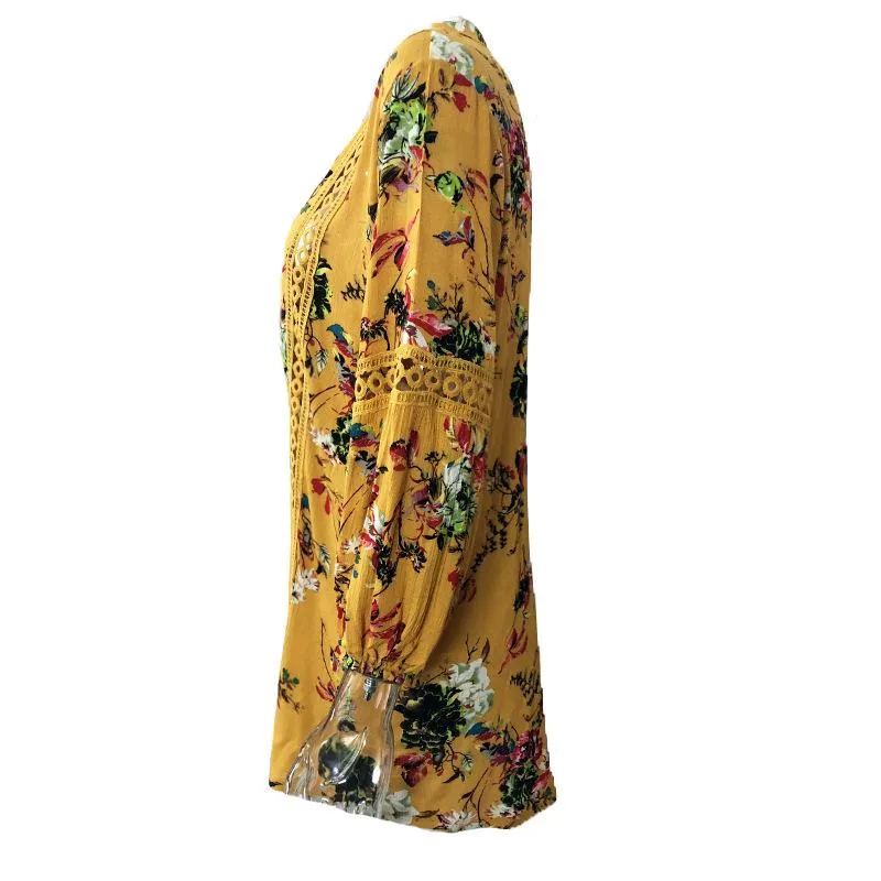 Clearance Floral Print Deep V-neck Long Trumpet Sleeves Short Dress