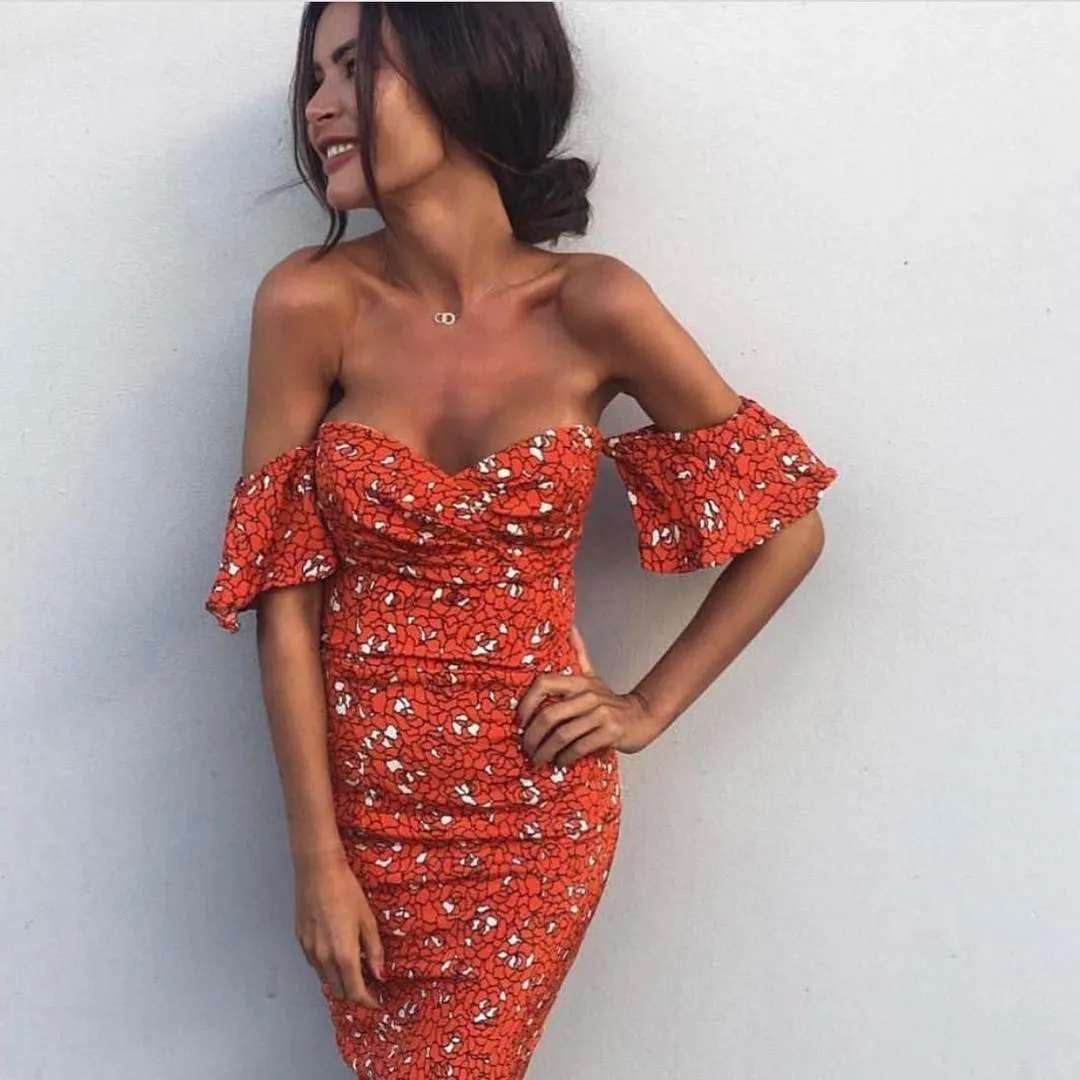 Clearance Print Off Shoulder Short Loose Sleeves Bodycon Knee-length Dress