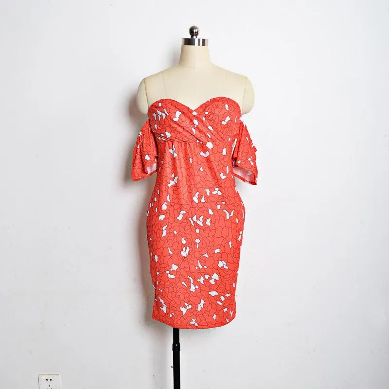 Clearance Print Off Shoulder Short Loose Sleeves Bodycon Knee-length Dress