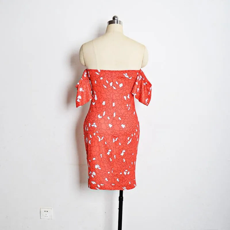 Clearance Print Off Shoulder Short Loose Sleeves Bodycon Knee-length Dress