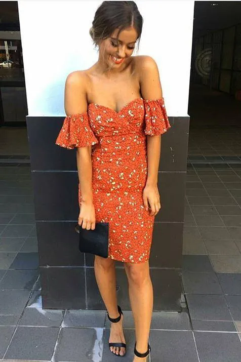 Clearance Print Off Shoulder Short Loose Sleeves Bodycon Knee-length Dress