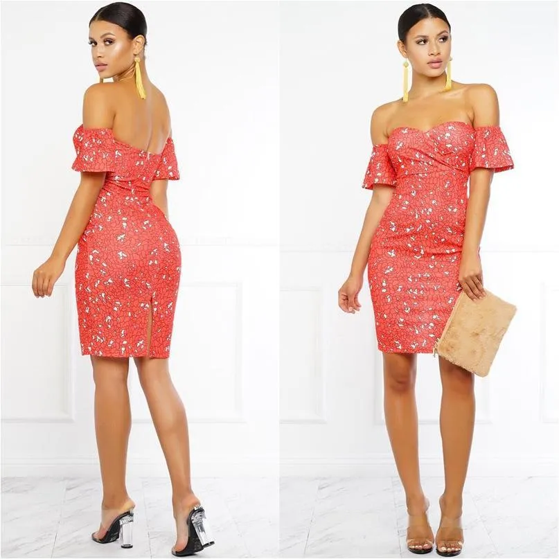 Clearance Print Off Shoulder Short Loose Sleeves Bodycon Knee-length Dress