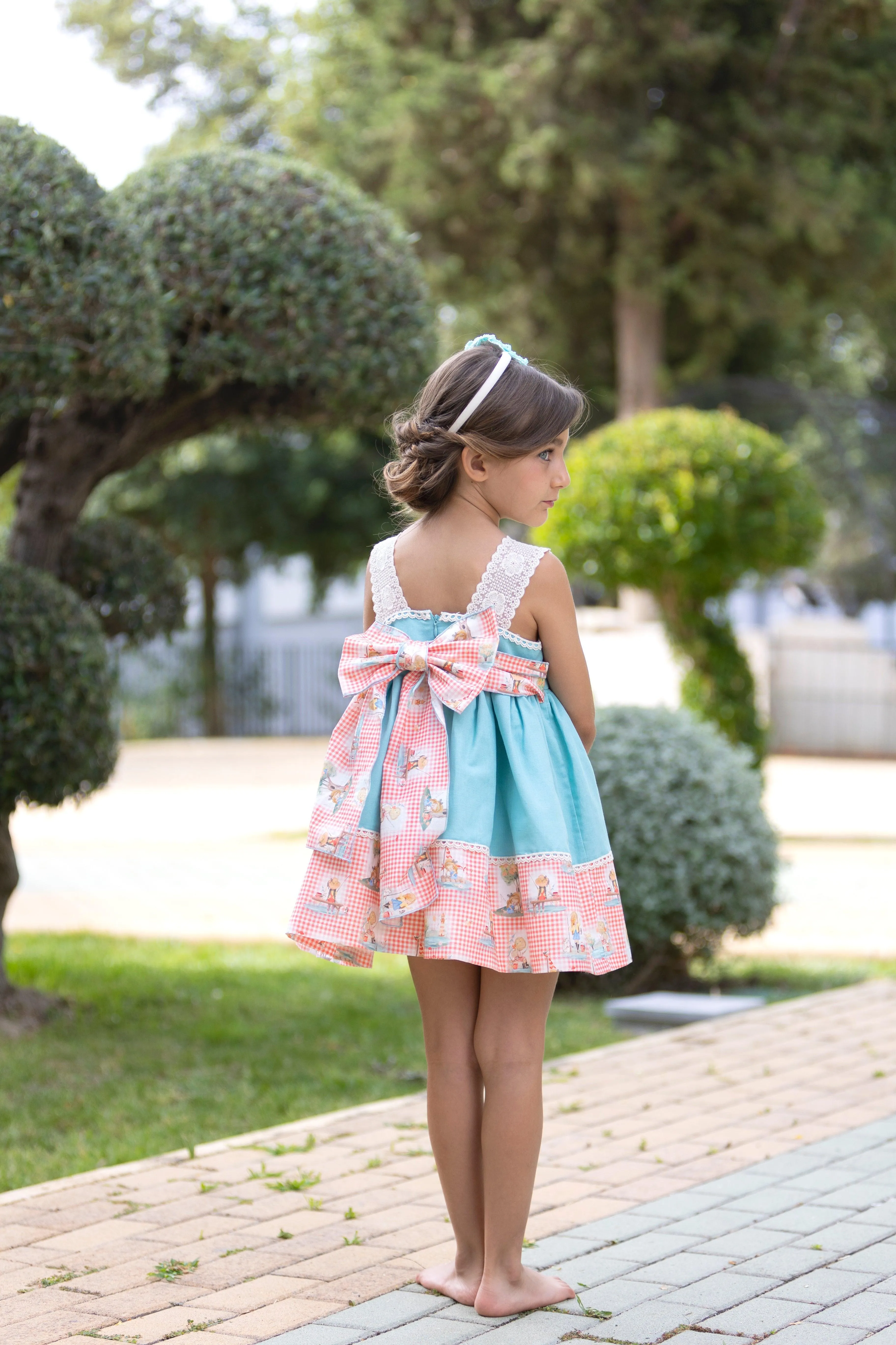 CLEARANCE SALE - Abuela Tata SS24 - Girls Turquoise Blue Dress with Printed Hem 352