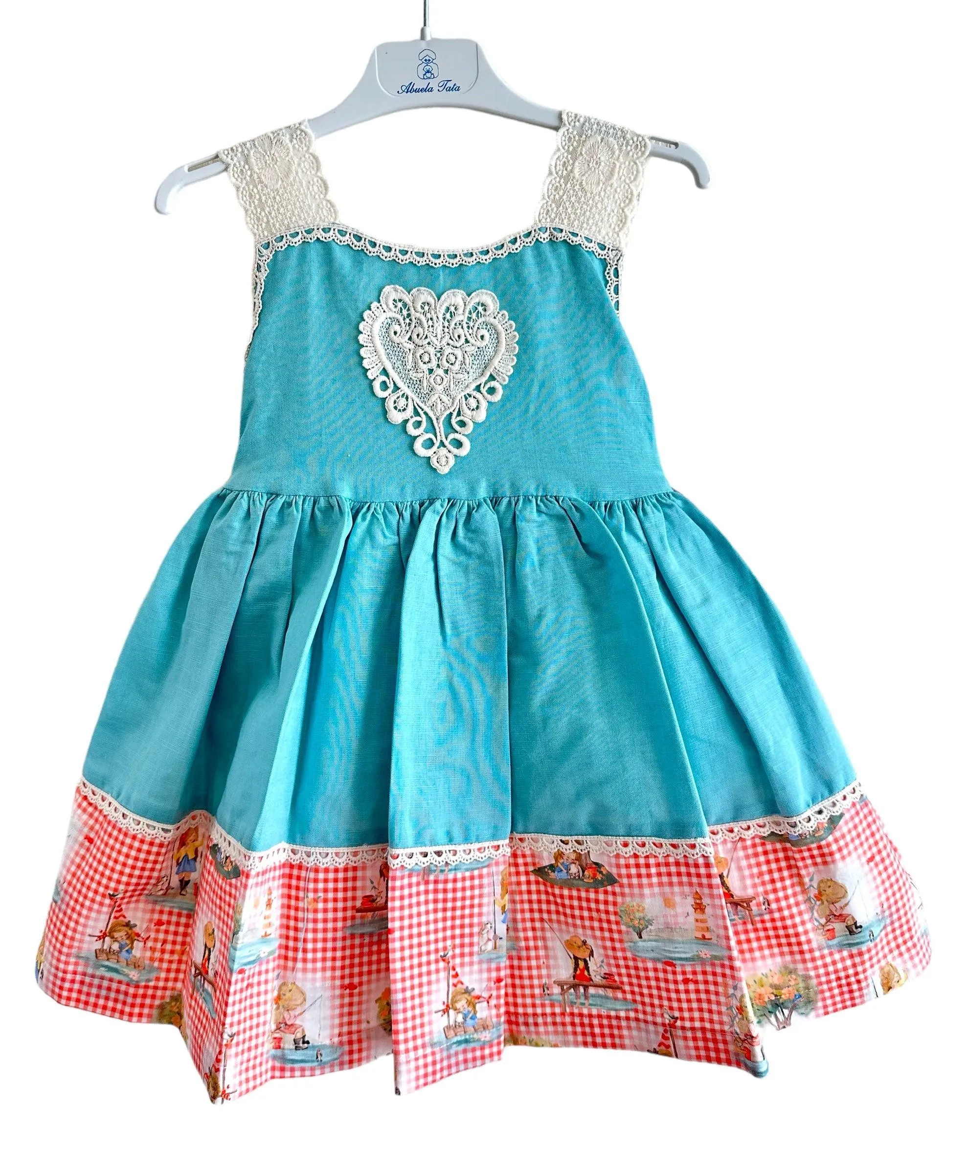 CLEARANCE SALE - Abuela Tata SS24 - Girls Turquoise Blue Dress with Printed Hem 352