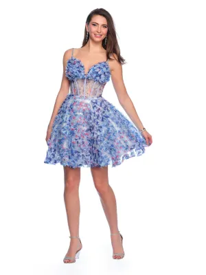 Dave & Johnny 11768 Short Ruffle Floral Print Homecoming Dress Sheer Corset A Line Cocktail Gown