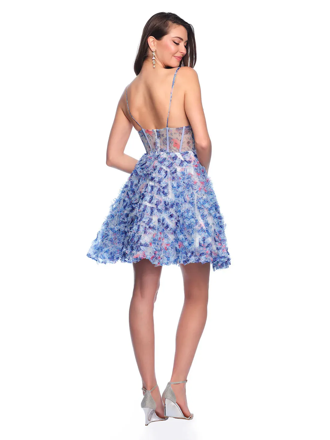 Dave & Johnny 11768 Short Ruffle Floral Print Homecoming Dress Sheer Corset A Line Cocktail Gown