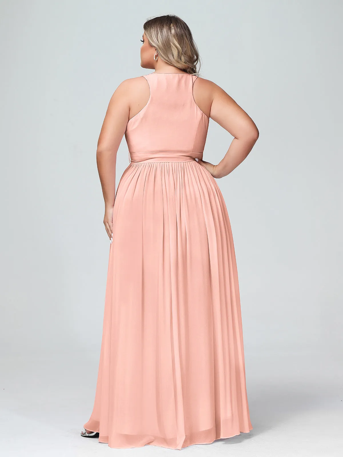 Deep V Neckline Chiffon Dress with Sash Bow Coral