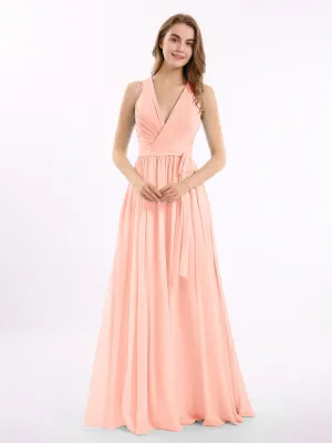 Deep V Neckline Chiffon Dress with Sash Bow Coral