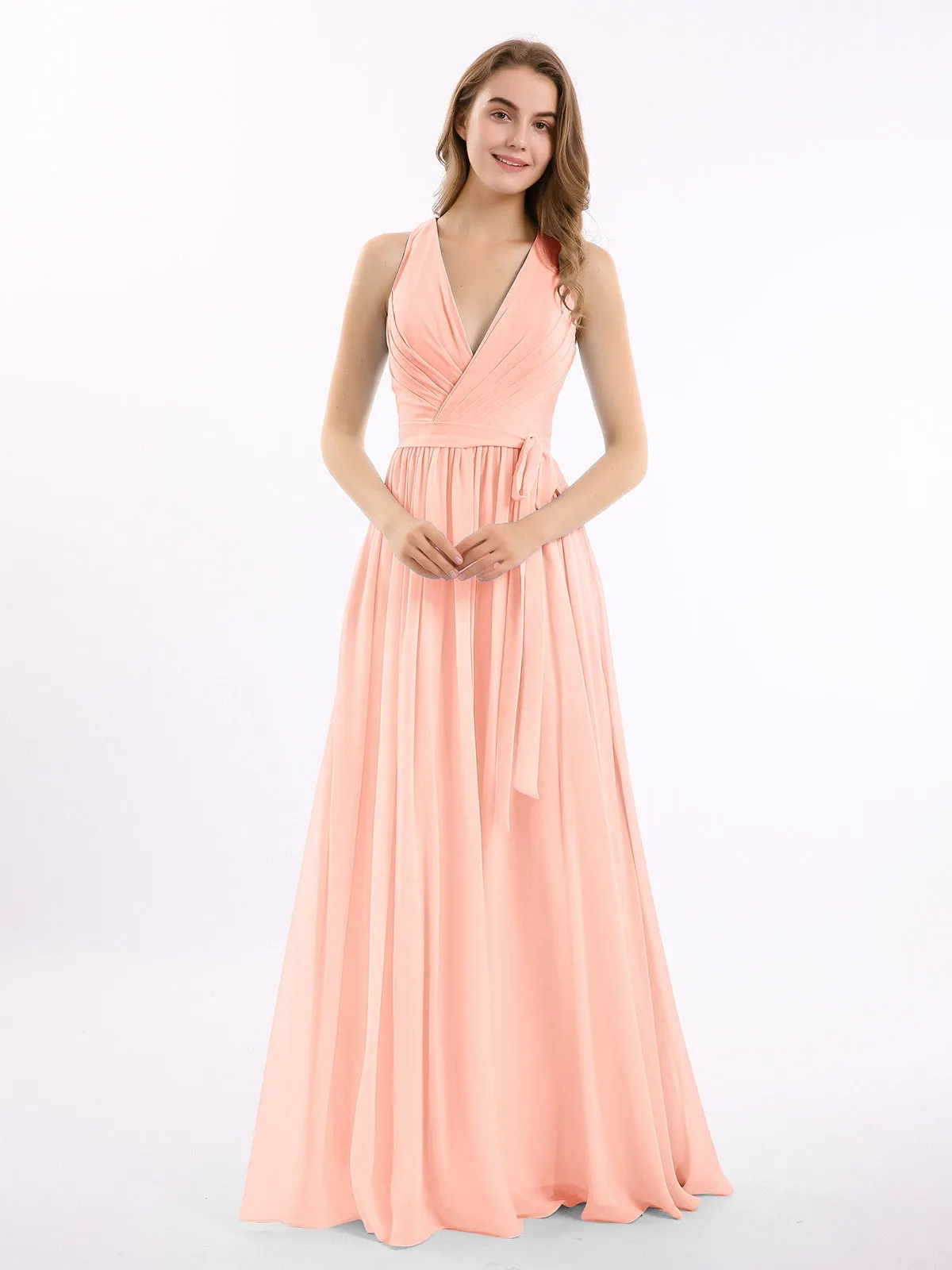 Deep V Neckline Chiffon Dress with Sash Bow Coral