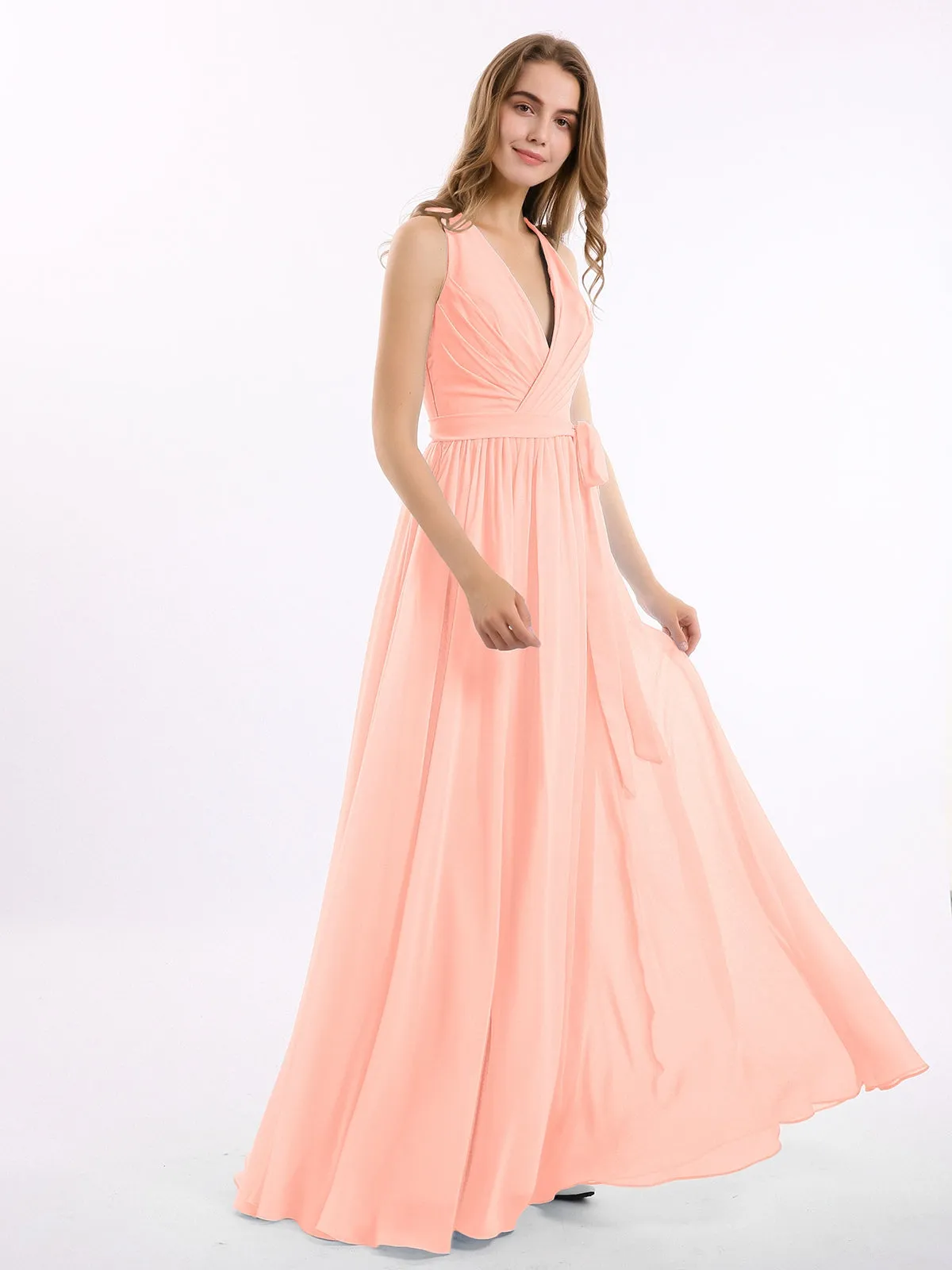 Deep V Neckline Chiffon Dress with Sash Bow Coral