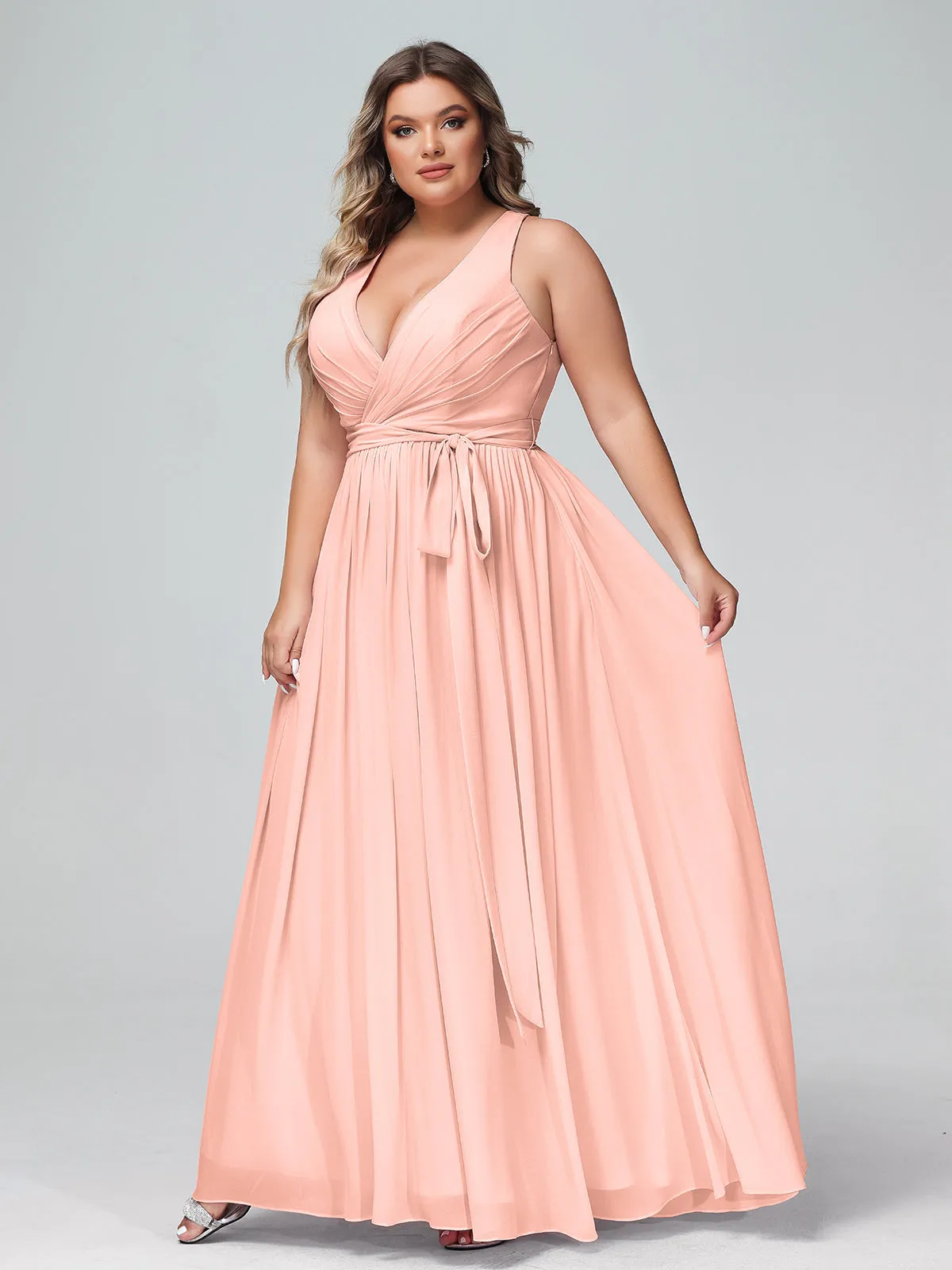 Deep V Neckline Chiffon Dress with Sash Bow Coral