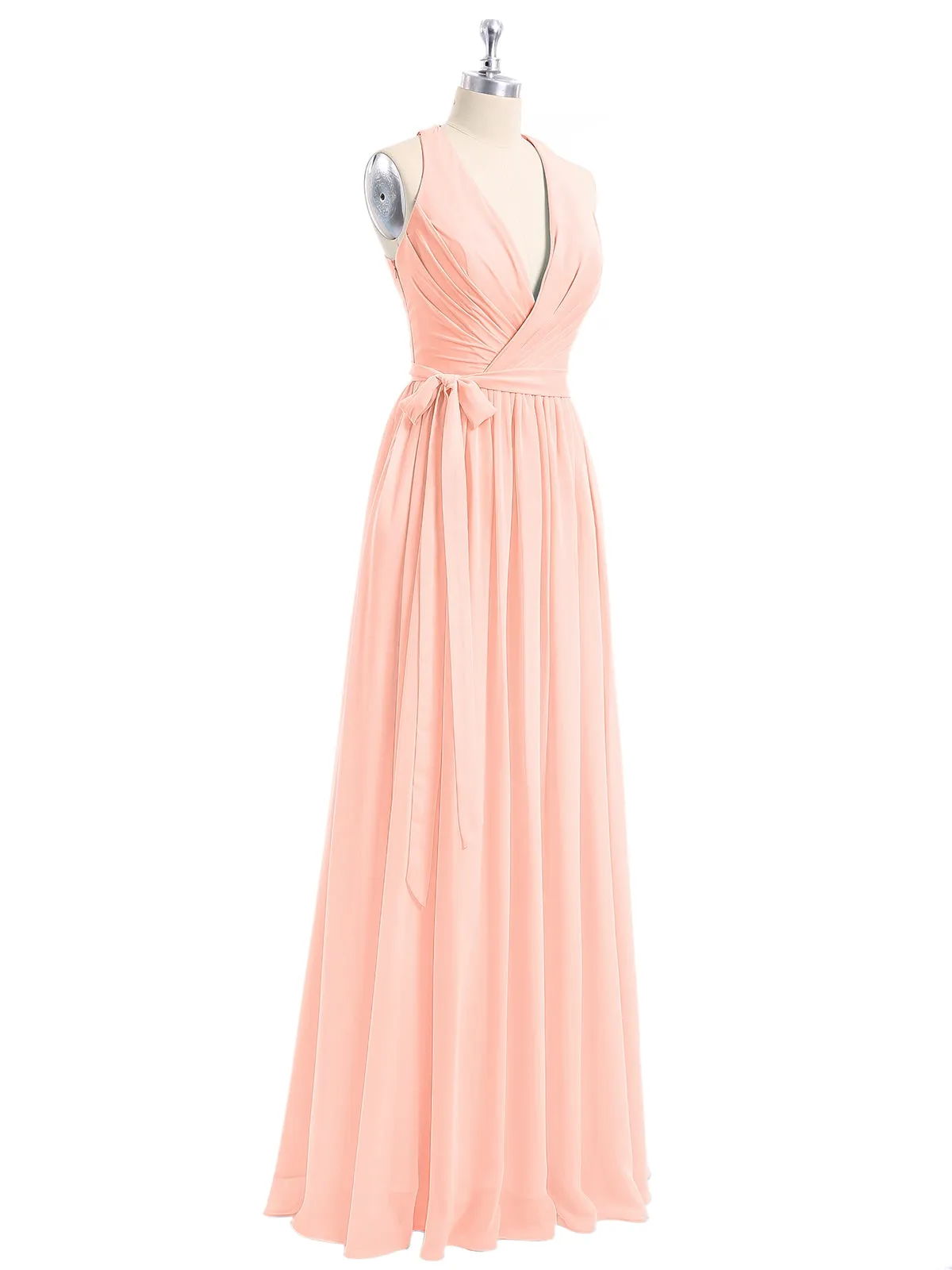 Deep V Neckline Chiffon Dress with Sash Bow Coral