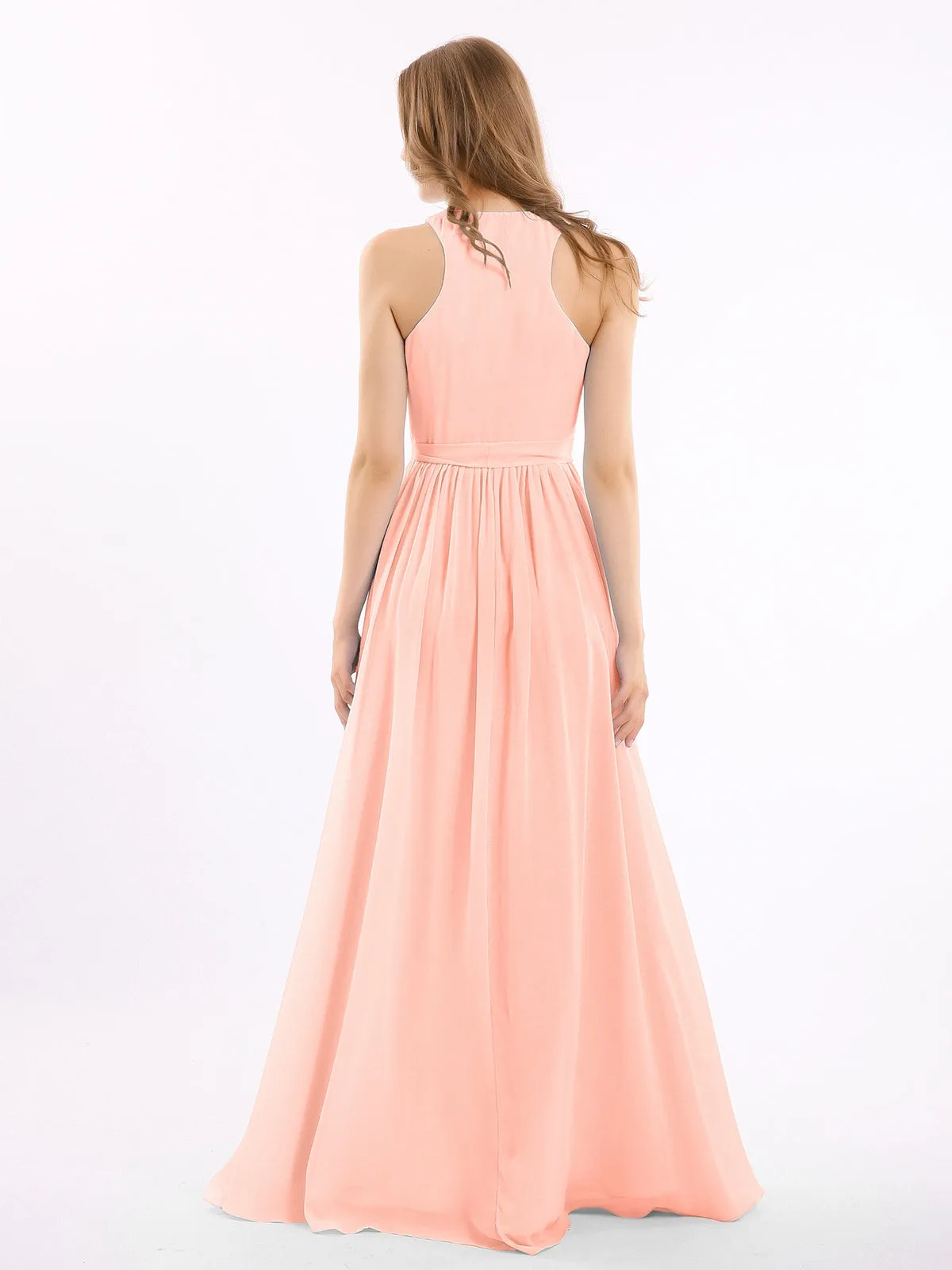 Deep V Neckline Chiffon Dress with Sash Bow Coral