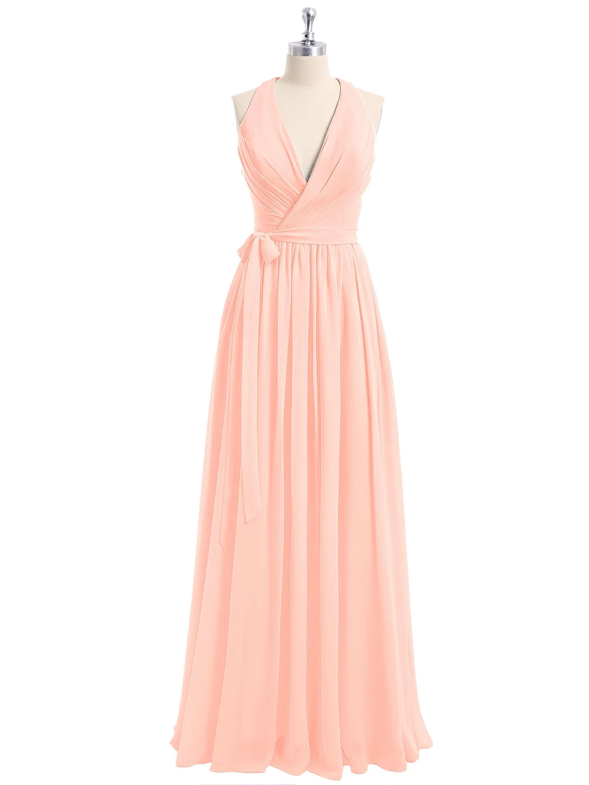 Deep V Neckline Chiffon Dress with Sash Bow Coral