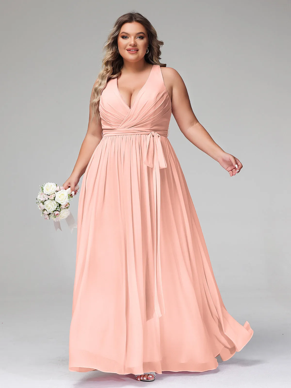 Deep V Neckline Chiffon Dress with Sash Bow Coral