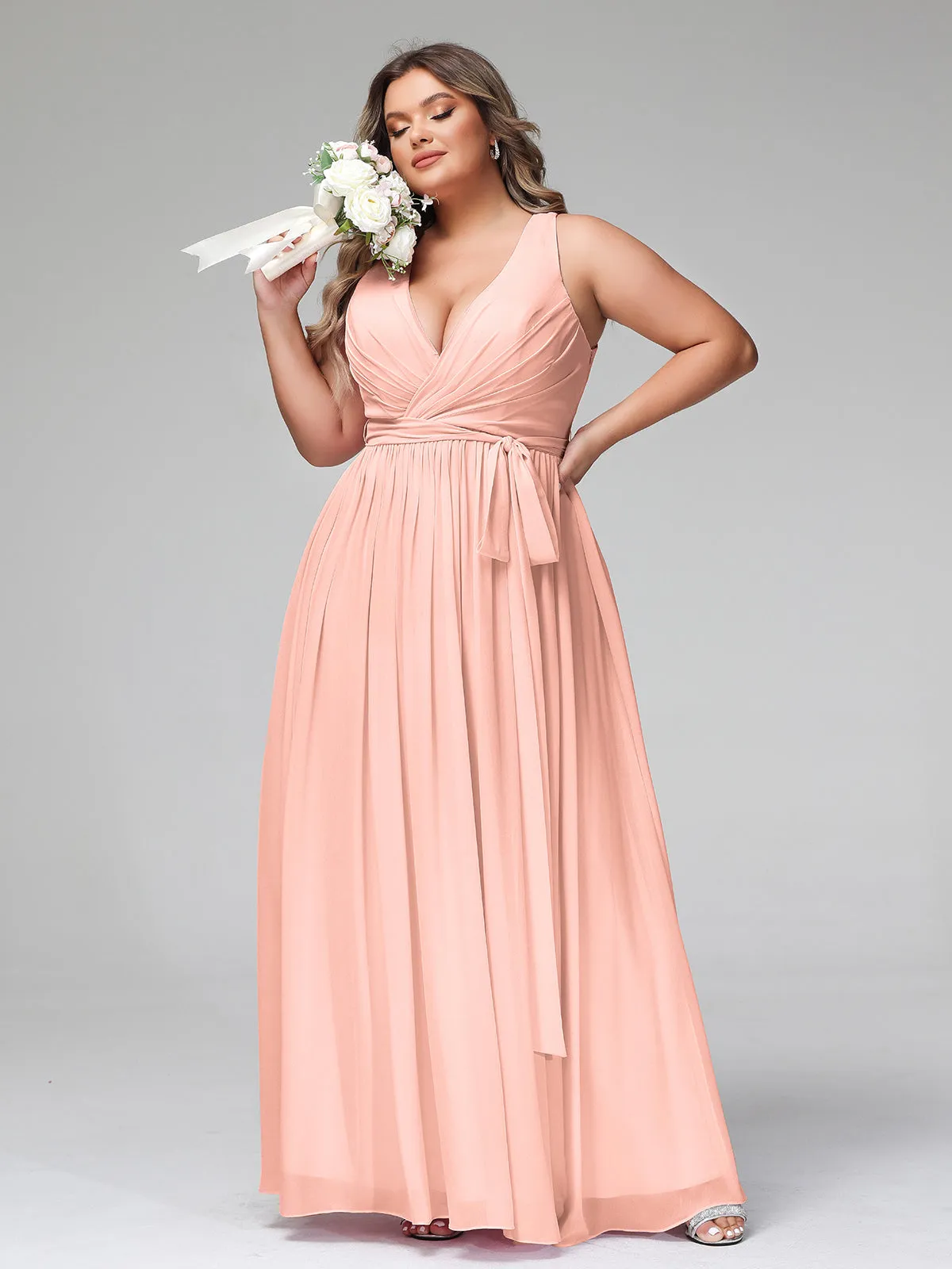 Deep V Neckline Chiffon Dress with Sash Bow Coral