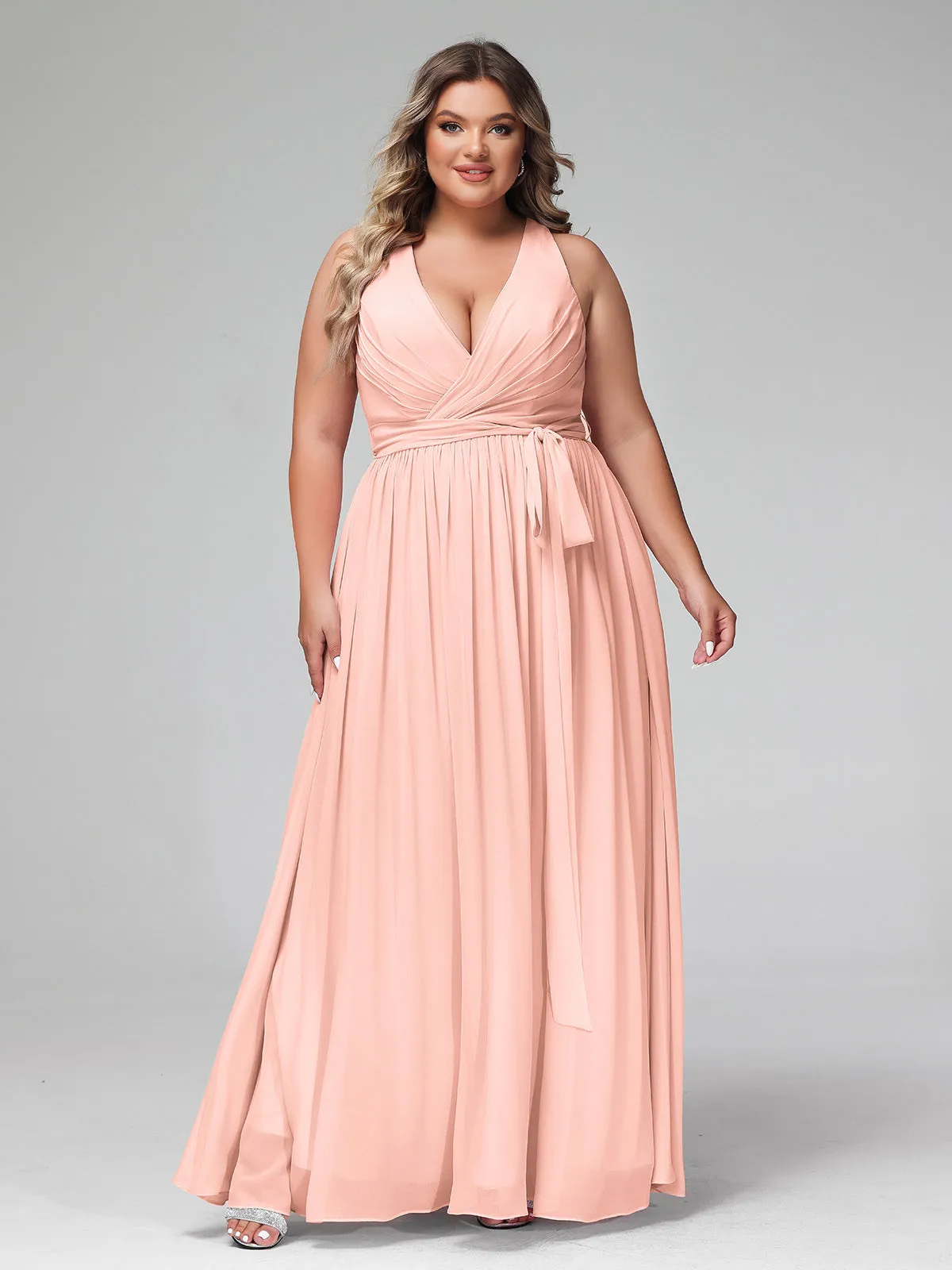Deep V Neckline Chiffon Dress with Sash Bow Coral