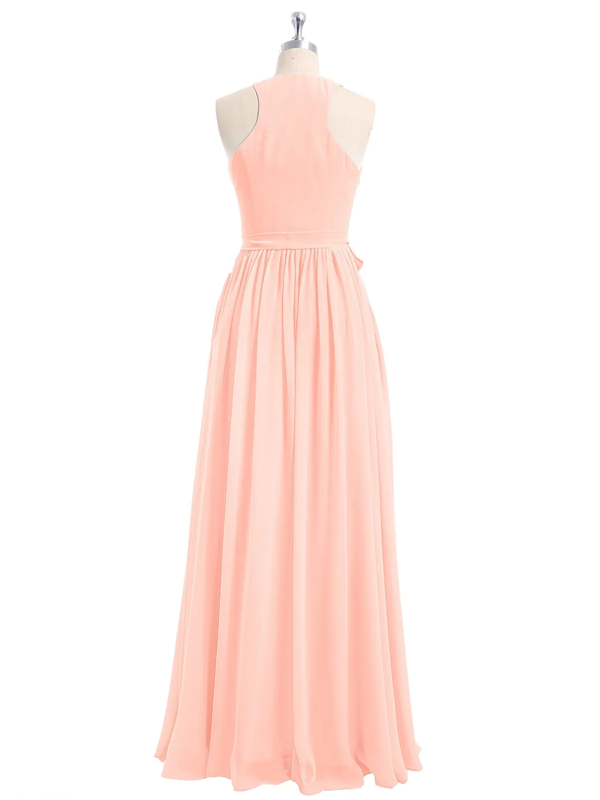Deep V Neckline Chiffon Dress with Sash Bow Coral