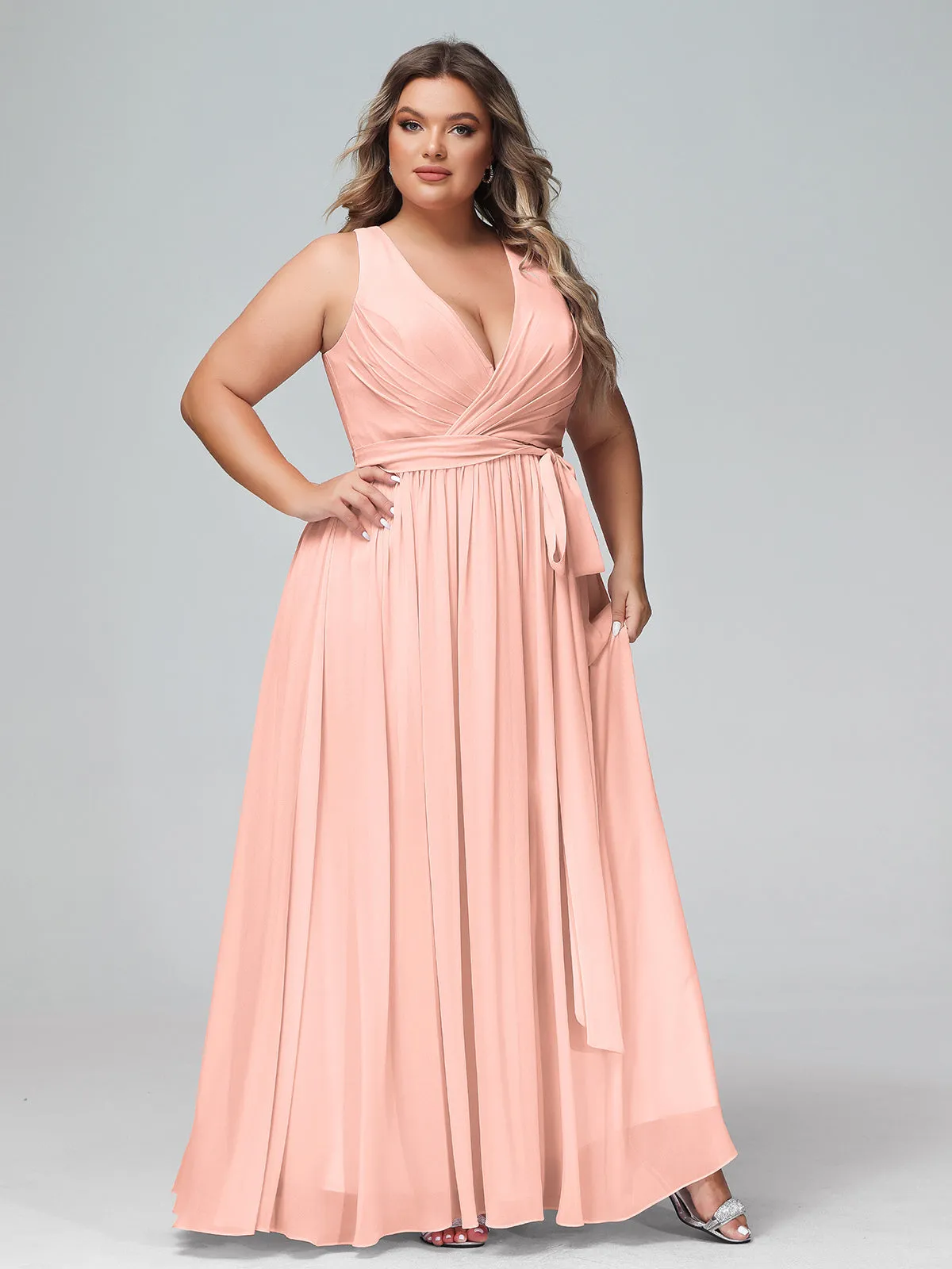 Deep V Neckline Chiffon Dress with Sash Bow Coral