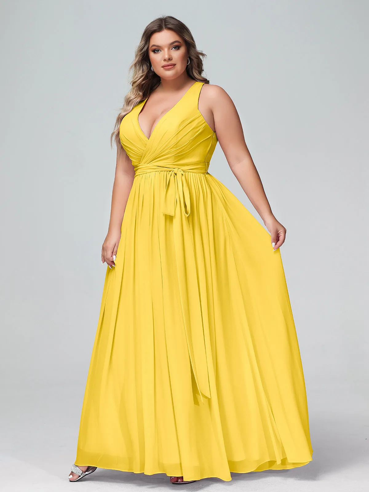 Deep V Neckline Chiffon Dress with Sash Bow Marigold