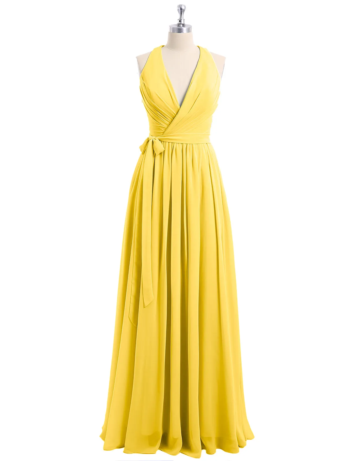 Deep V Neckline Chiffon Dress with Sash Bow Marigold
