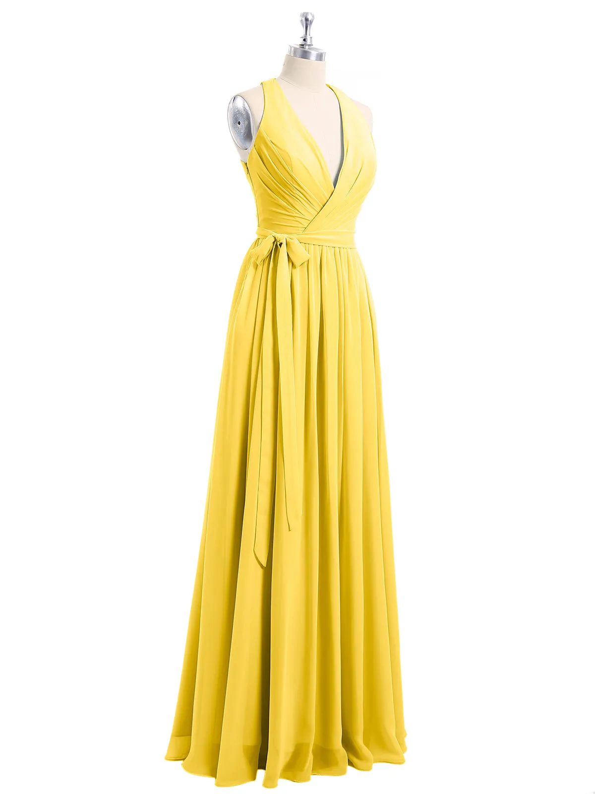 Deep V Neckline Chiffon Dress with Sash Bow Marigold