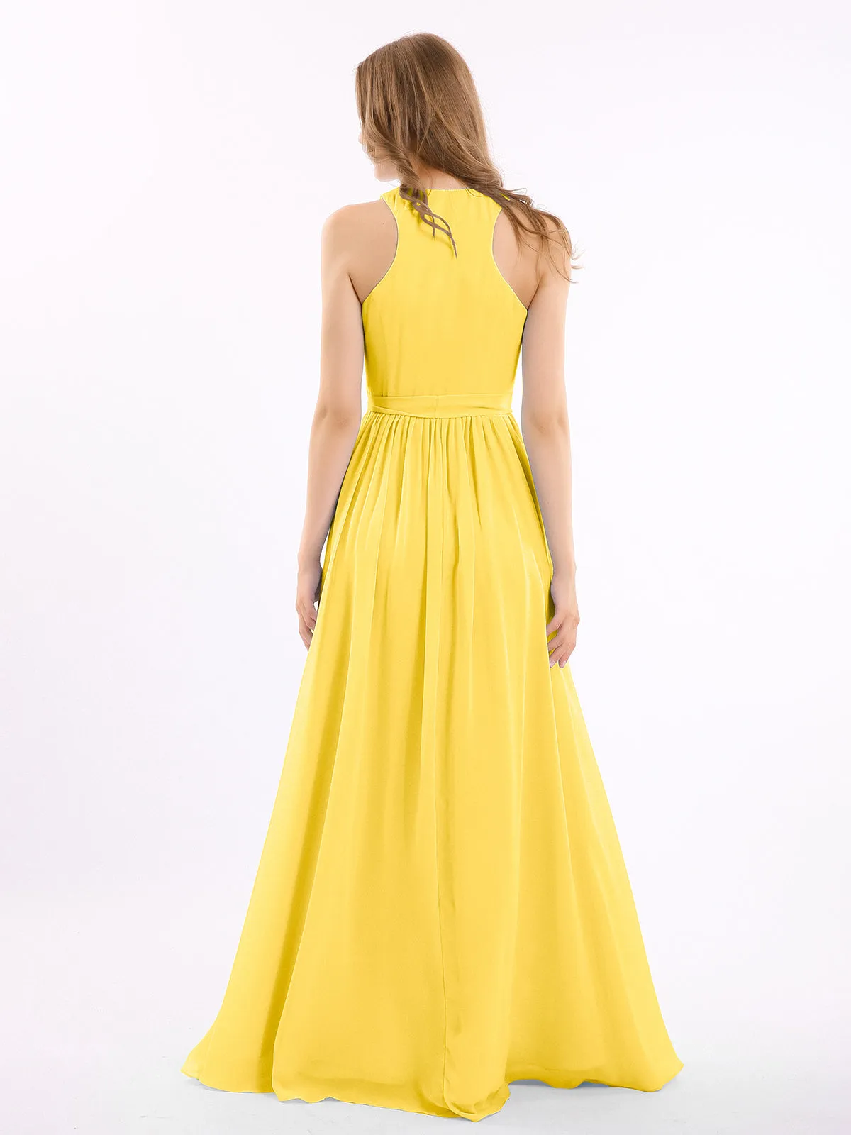Deep V Neckline Chiffon Dress with Sash Bow Marigold