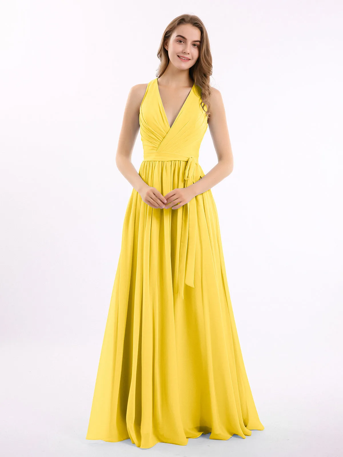 Deep V Neckline Chiffon Dress with Sash Bow Marigold