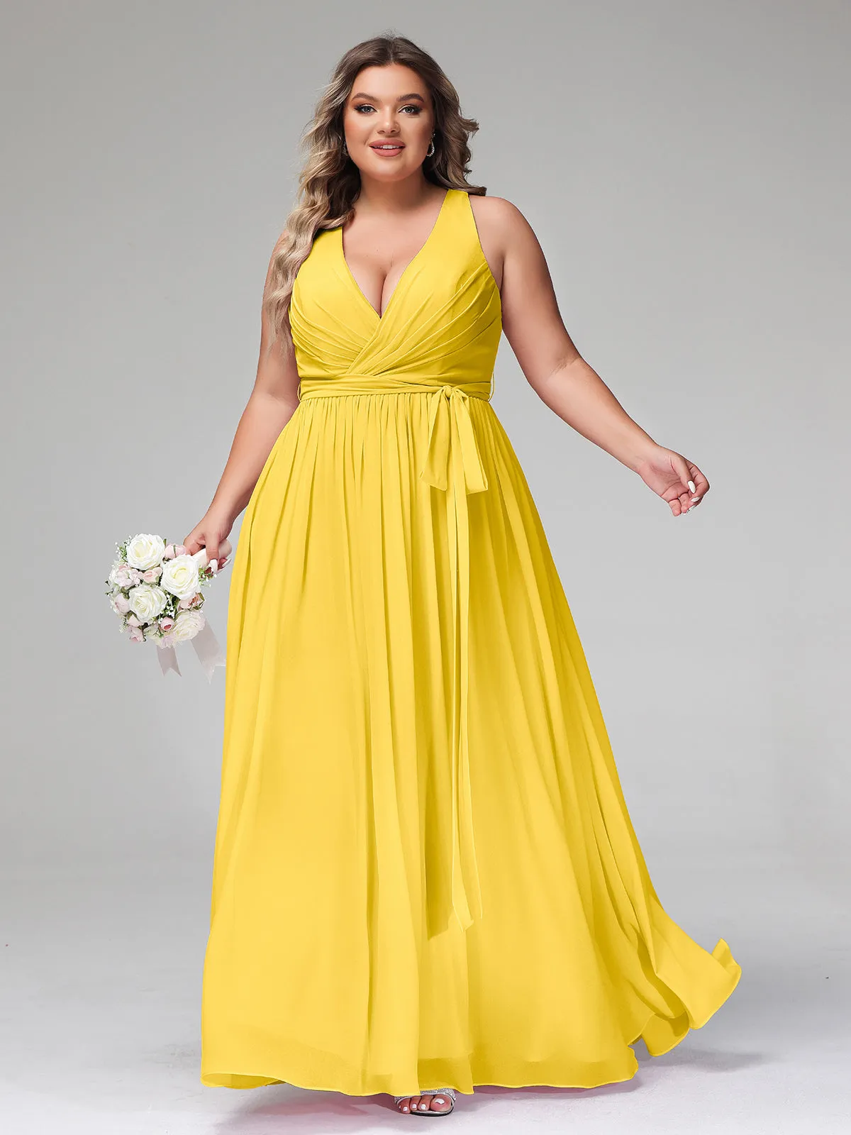 Deep V Neckline Chiffon Dress with Sash Bow Marigold