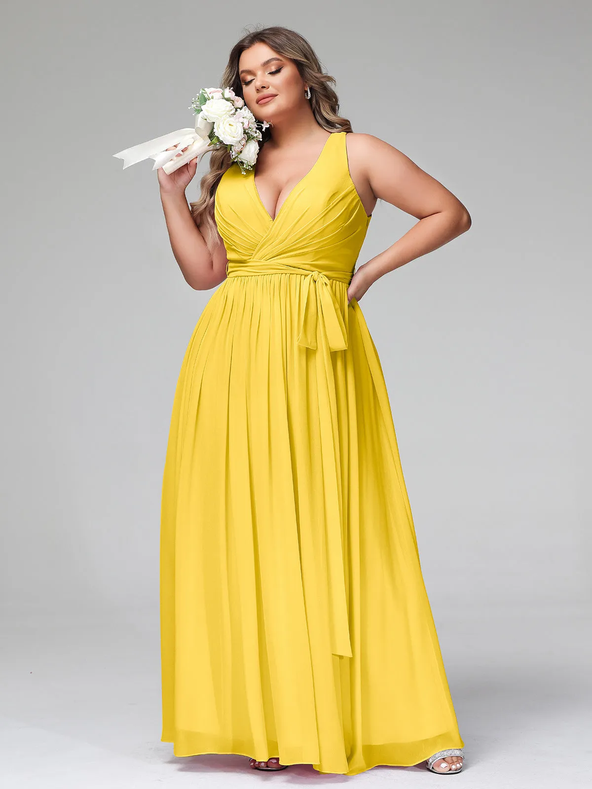 Deep V Neckline Chiffon Dress with Sash Bow Marigold