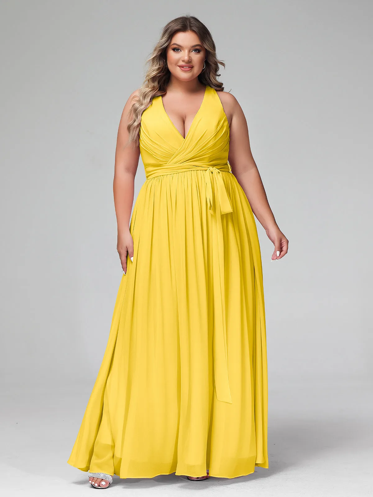 Deep V Neckline Chiffon Dress with Sash Bow Marigold