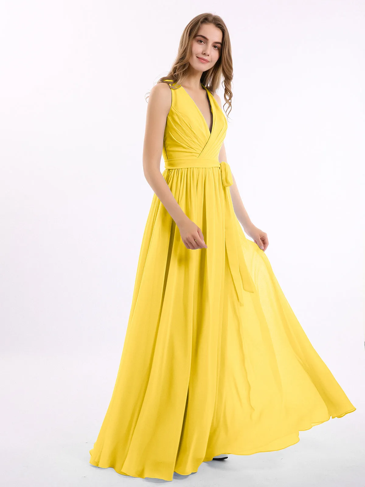 Deep V Neckline Chiffon Dress with Sash Bow Marigold