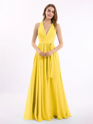 Deep V Neckline Chiffon Dress with Sash Bow Marigold