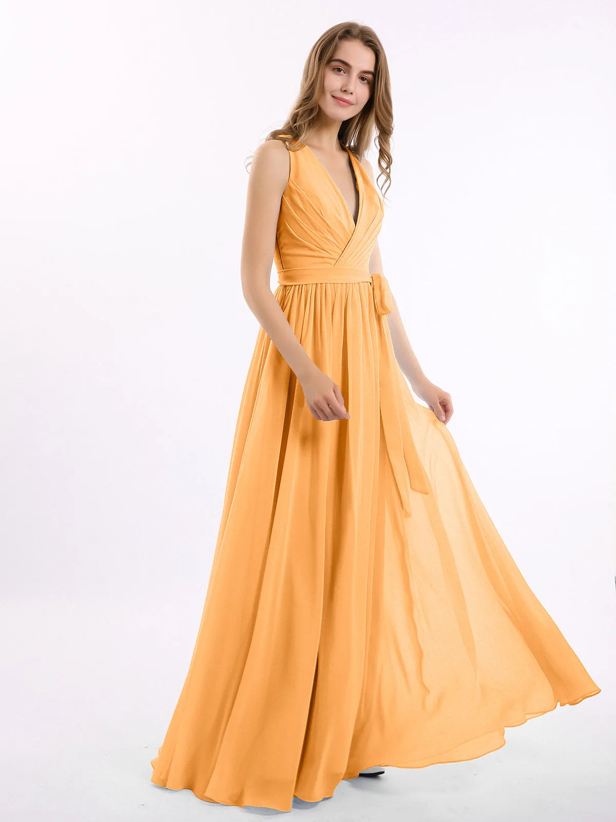 Deep V Neckline Chiffon Dress with Sash Bow Tangerine